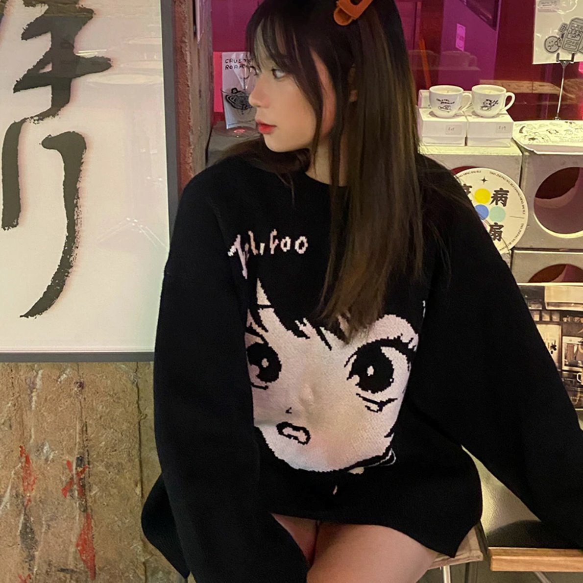 Anime Kawaii Girl Face Oversized Long Sleeve Streetwear-Kawaii Dream