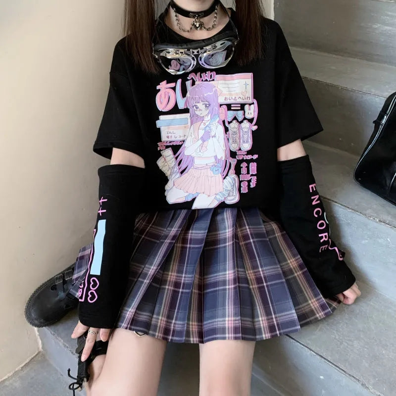 Anime Purple White Black E-girl Shooter Graphic Harajuku T Shirt & Arm Warmers-Kawaii Dream