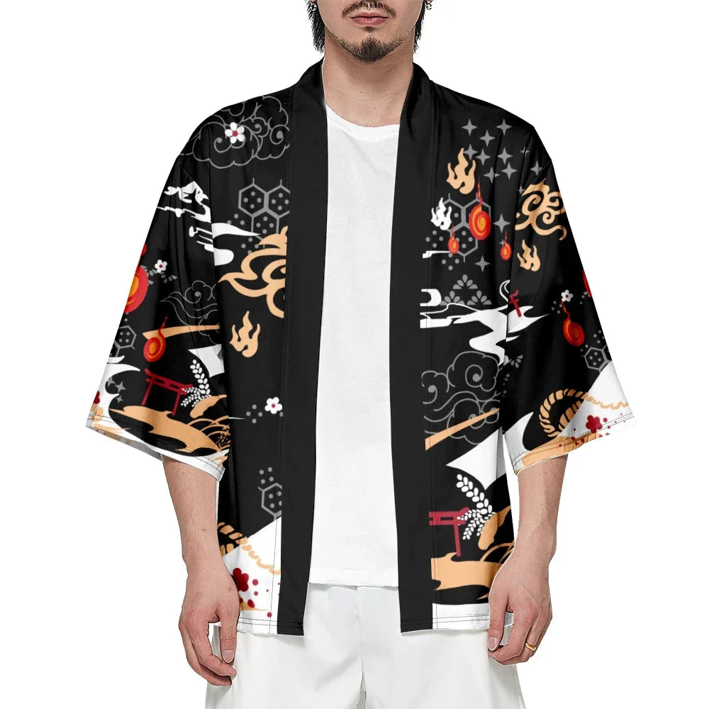 Anime White Fox Mask Pattern Unisex Kimono-Kawaii Dream