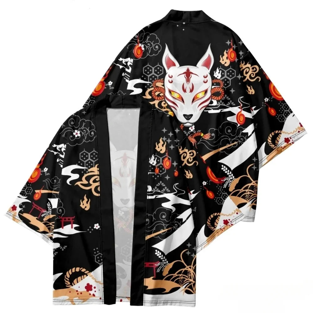 Anime White Fox Mask Pattern Unisex Kimono-Kawaii Dream