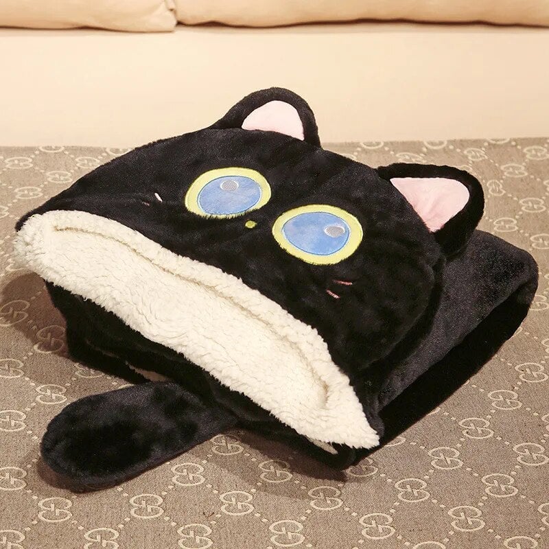 Black Cat Green Dino Plush Cape Hoodie Blanket-Kawaii Dream