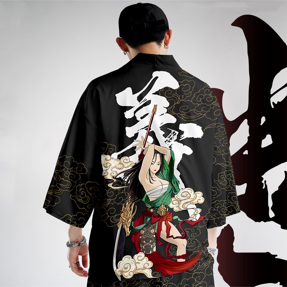 Black Japanese Female Fighter Mens Two-Piece Kimono Yukata Top & Pants Sets-Kawaii Dream