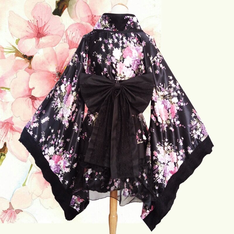 Black Red Japanese Kimono Floral Pattern Short Robe-Kawaii Dream