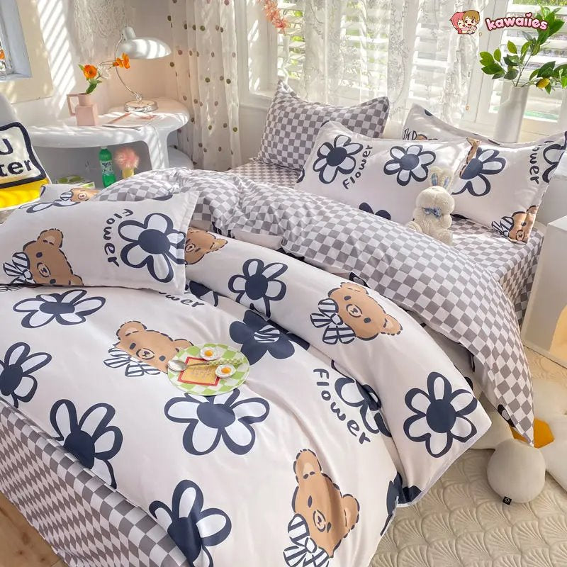 Blue Checked Bear Orange Dog Bedding Sets-Kawaii Dream