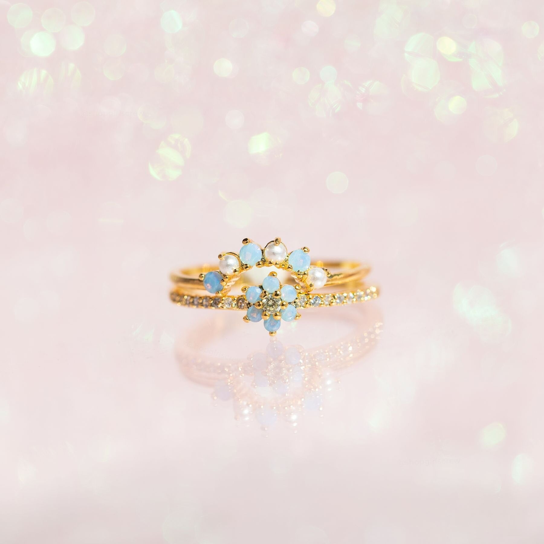 Blue Flower Beaded Gold-plated Rings-Kawaii Dream