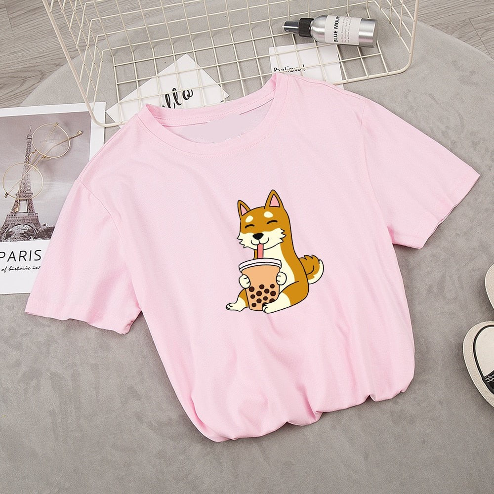 Cartoon Shiba Inu drinking Bubble Tea Women's Part Cotton Tee-Kawaii Dream