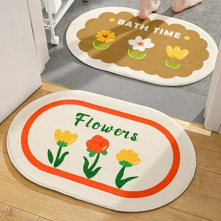 Circle Kawaii Floral Oval Bathroom Mat-Kawaii Dream