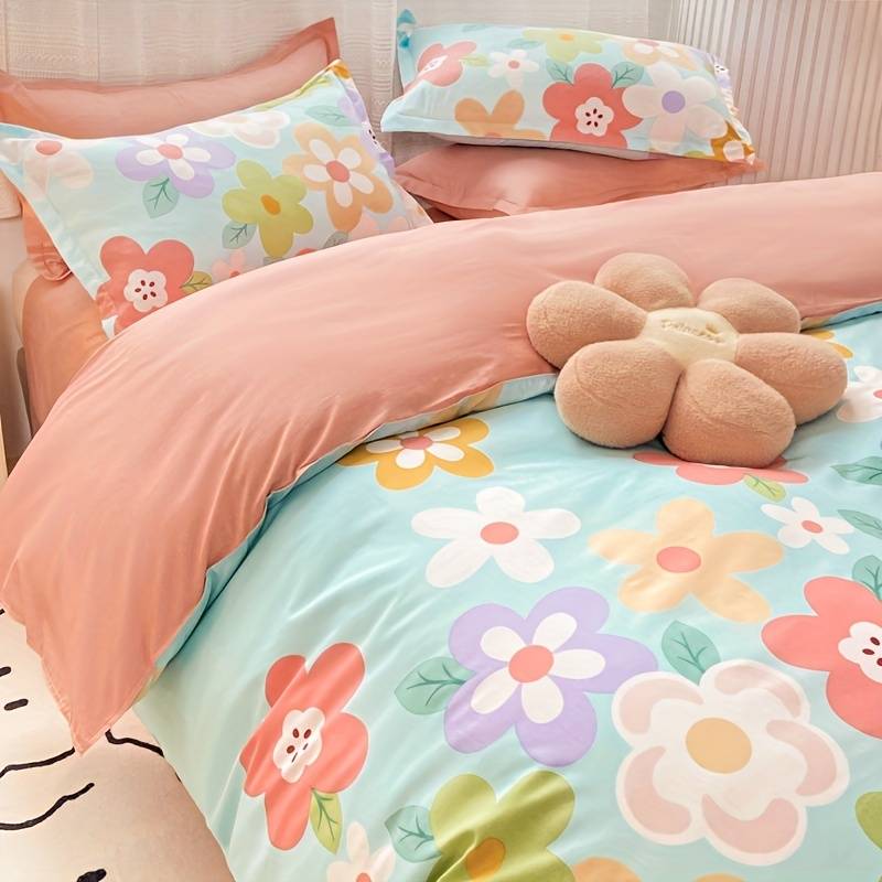 Coral Pink Blue Gray Floral Bedding Set Collection-Kawaii Dream