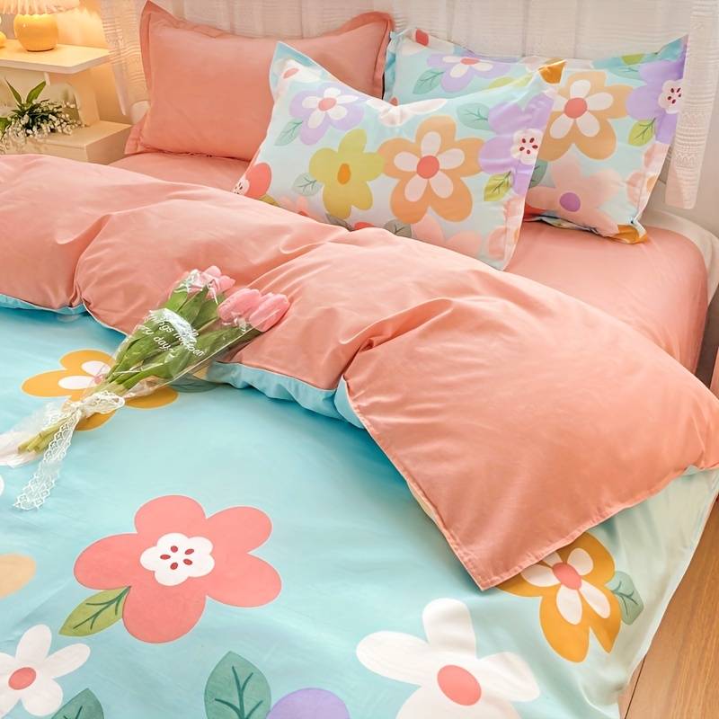 Coral Pink Blue Gray Floral Bedding Set Collection-Kawaii Dream