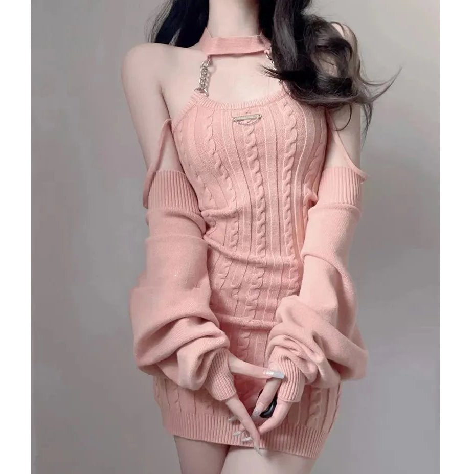 Coral Pink Cardigan Dress Ribbed Women's 2pc Knit Set-Kawaii Dream