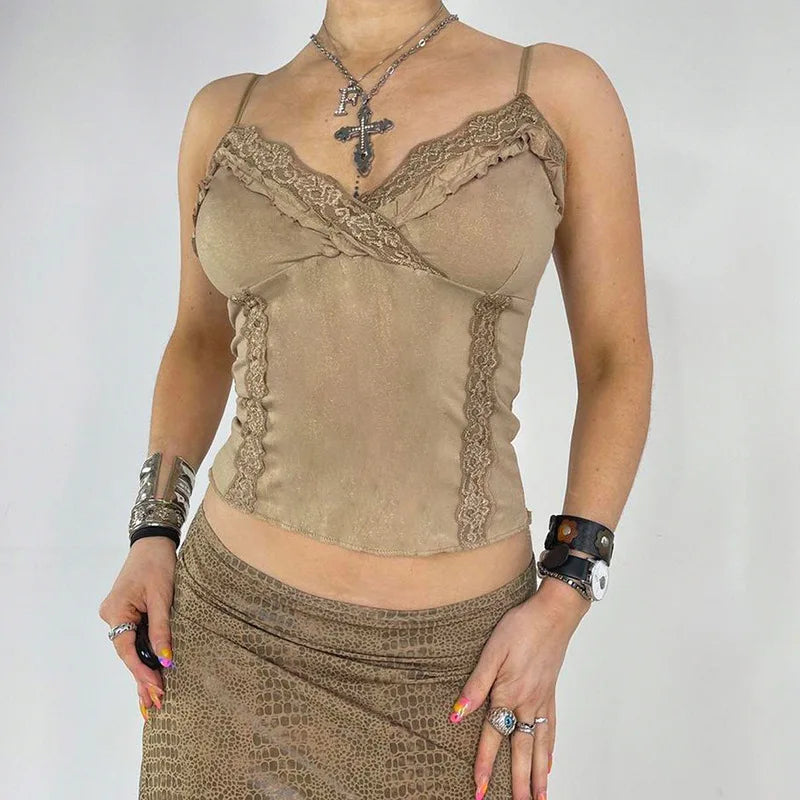 Cute Khaki Lace Spaghetti Vest-Kawaii Dream