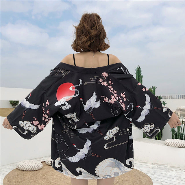 Exquisite Japanese-themed Crane Waves Women's Kimono Cardigan-Kawaii Dream