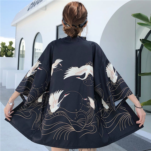Exquisite Japanese-themed Crane Waves Women's Kimono Cardigan-Kawaii Dream