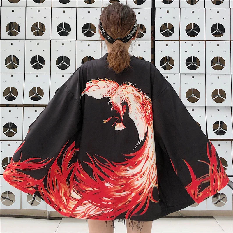 Flaming Red Phoenix Black White Women's Kimono Cardigan-Kawaii Dream