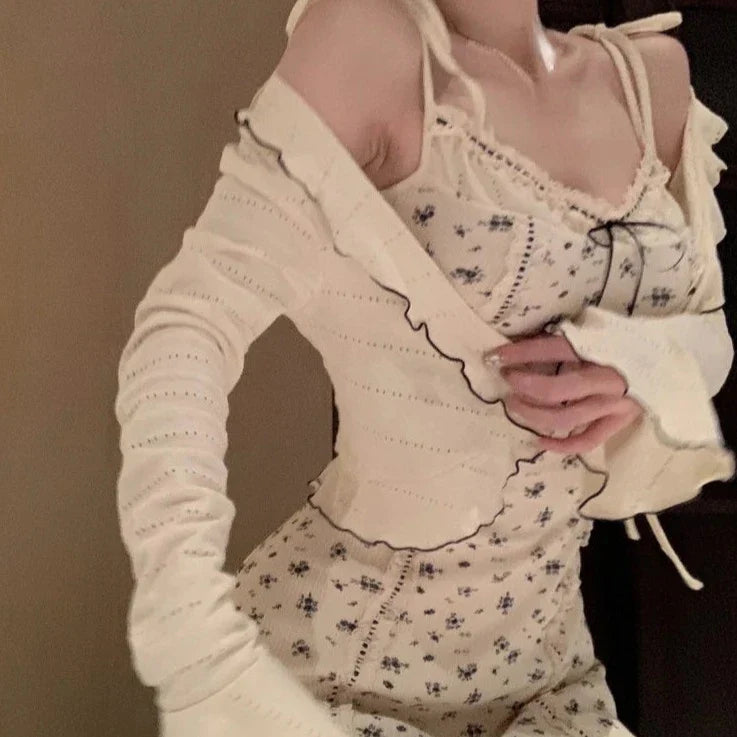 Floral French Vintage Dress Cardigan Set-Kawaii Dream