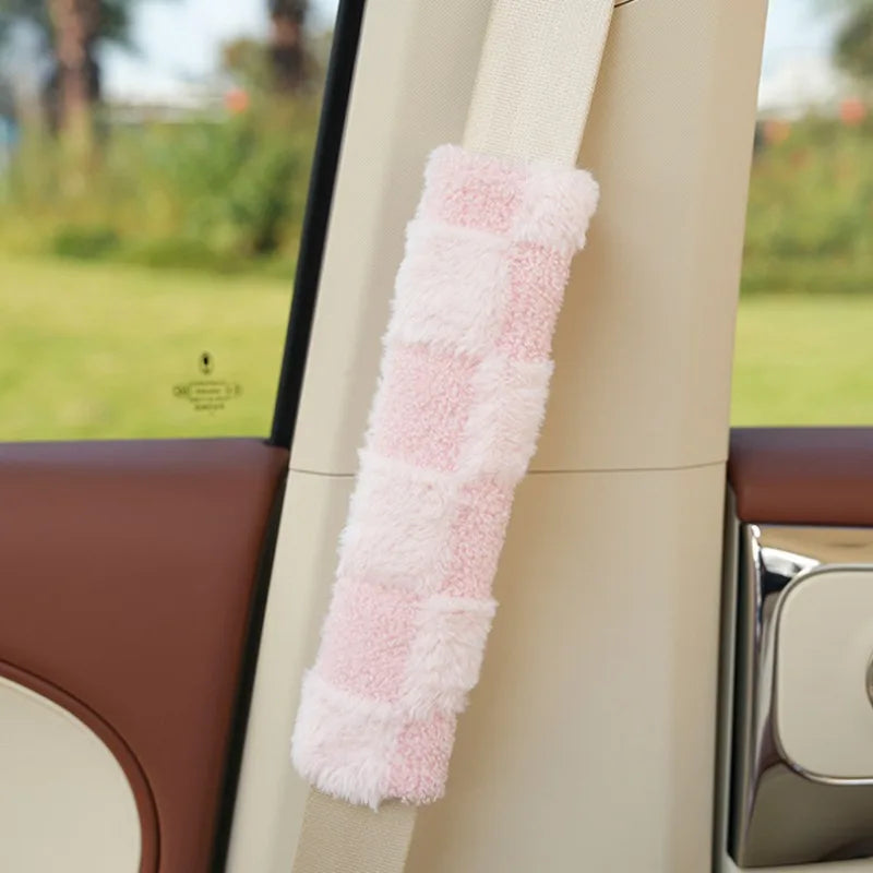 Fluffy Checkered Plush Car Seat Belt Cover Shoulder Strap Accessory-Kawaii Dream