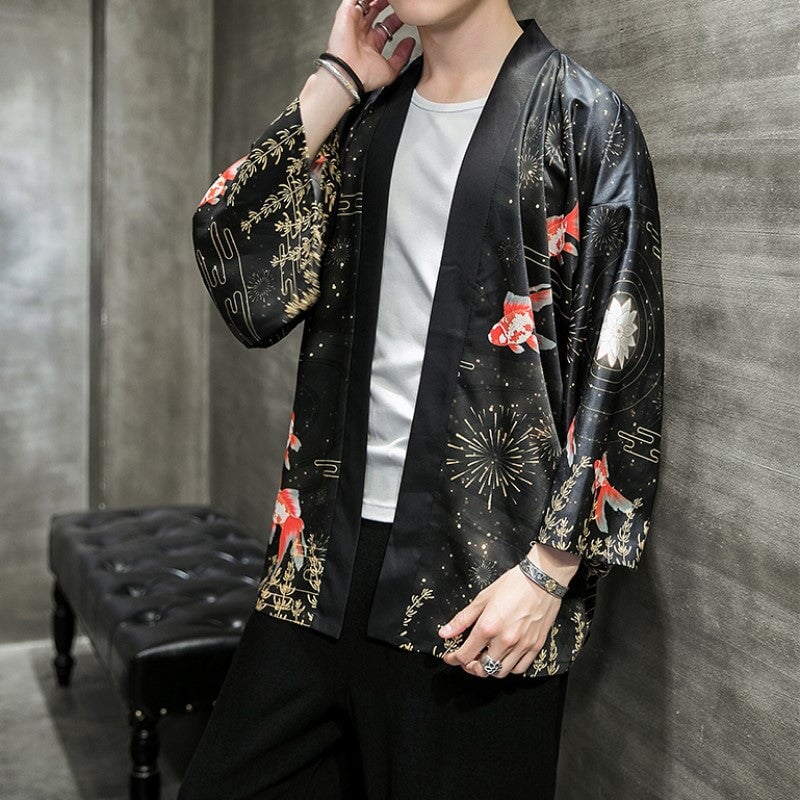 Golden Koi and Japanese Crane Men Kimono-Kawaii Dream