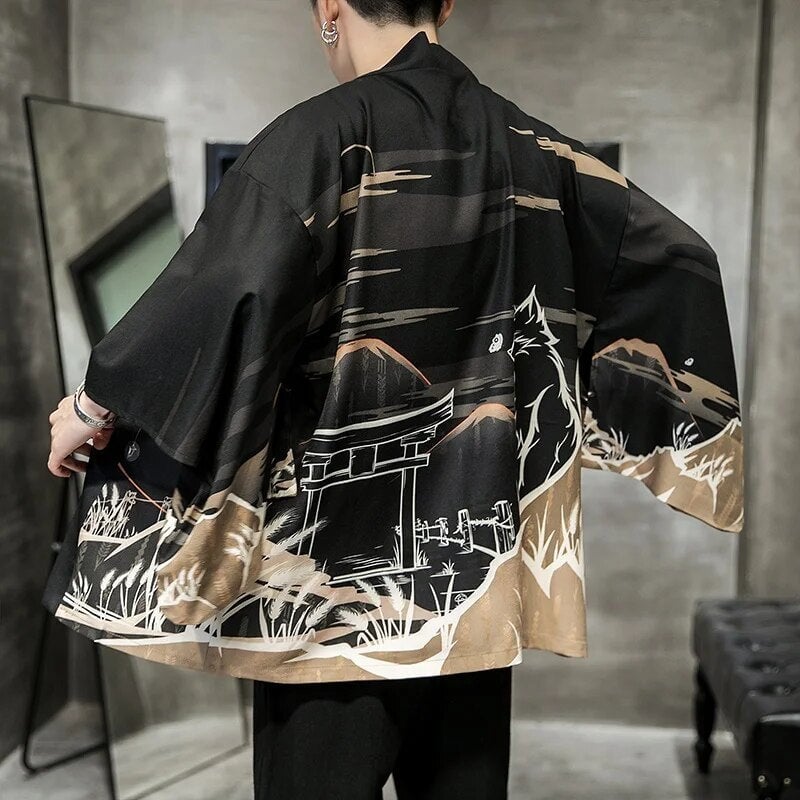 Golden Wild Autumn and Misty Torii Men Kimono-Kawaii Dream