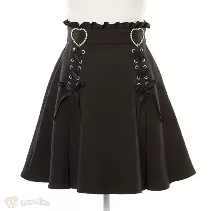 Gothic Black Heart Bow High Waist Mini Skirt-Kawaii Dream