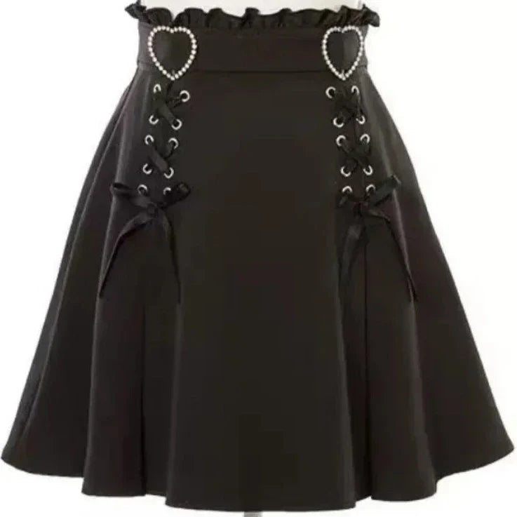 Gothic Black Heart Bow High Waist Mini Skirt-Kawaii Dream