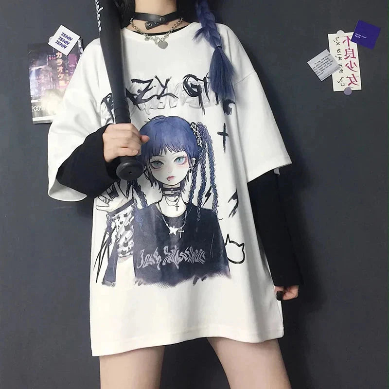 Gothic Blue Hair Emo Anime Girl Women's Tee-Kawaii Dream