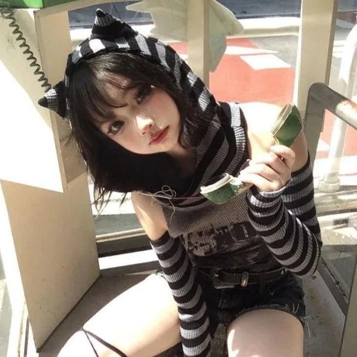 Gothic Gray Striped Cat Hooded Women's Top-Kawaii Dream