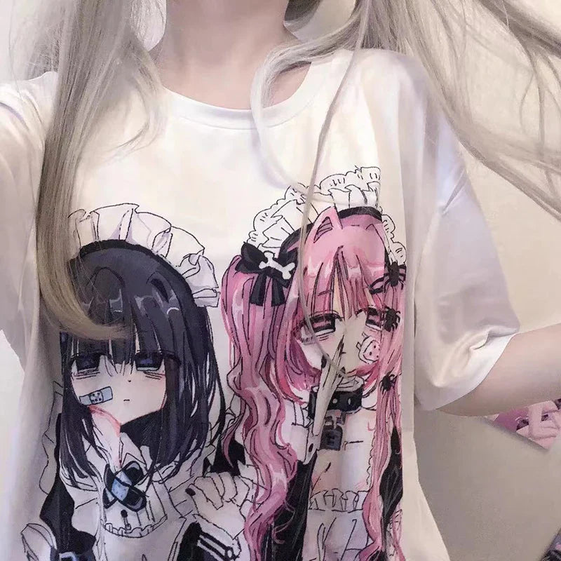 Gothic Harajuku Two Girls Long White Women's Tee-Kawaii Dream