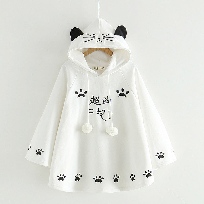 Harajuku Black Gray White Cat Hooded Cloak Coat-Kawaii Dream