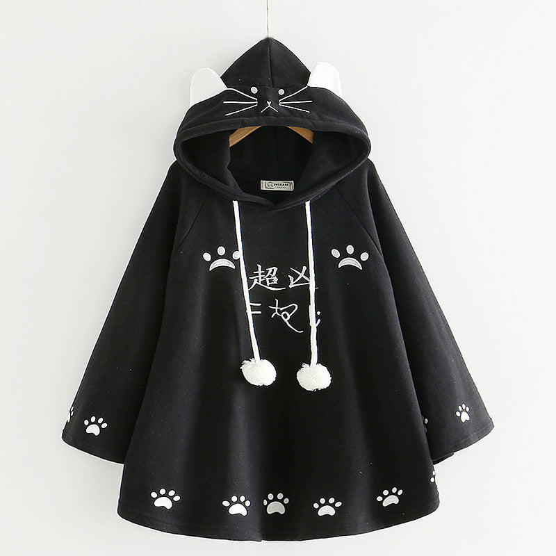 Harajuku Black Gray White Cat Hooded Cloak Coat-Kawaii Dream
