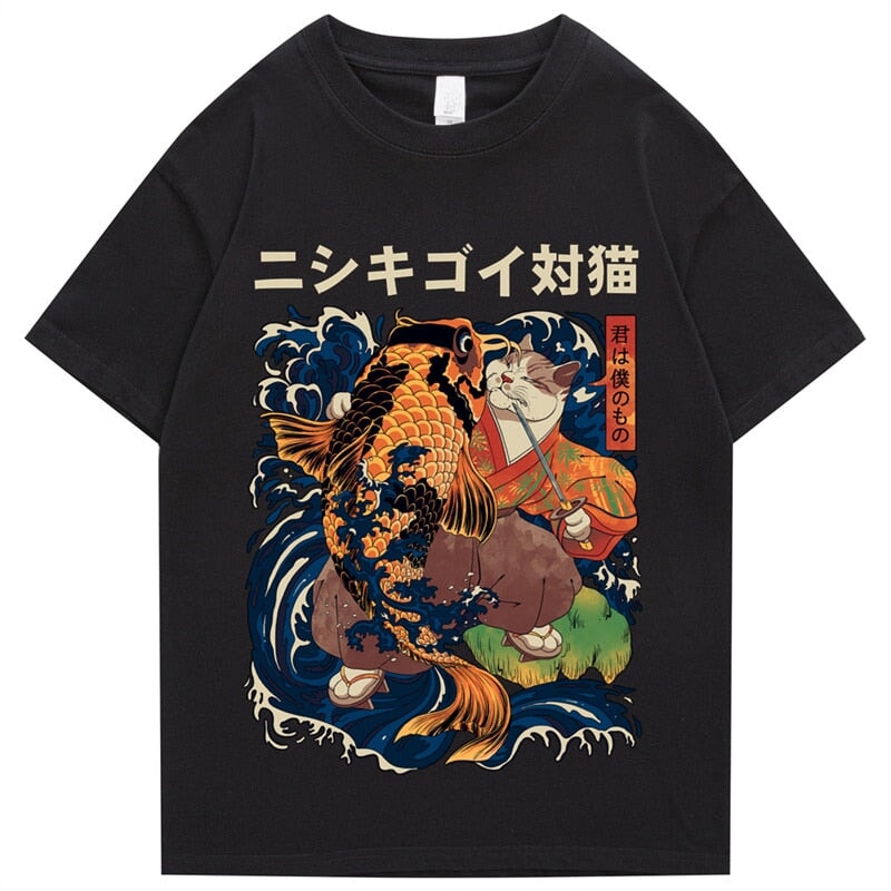 Harajuku Samurai Cat Koi Fish Unisex Tee-Kawaii Dream