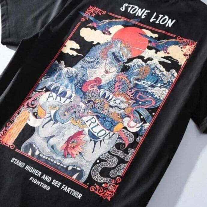 Harajuku Stone Lion Printed Streetwear Unisex Tee-Kawaii Dream