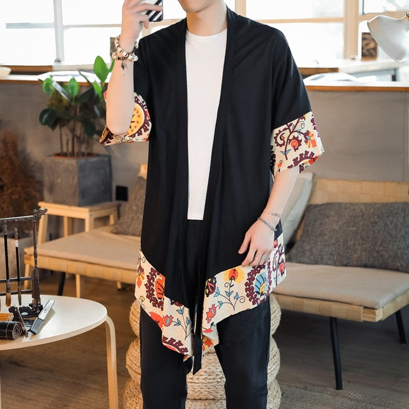 Japanese Cream Floral Black Men's Haori Yukata Kimono Jacket-Kawaii Dream