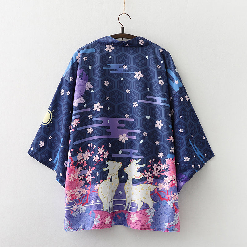 Japanese Deer of Nara with Sakura Trees Kimono-Kawaii Dream