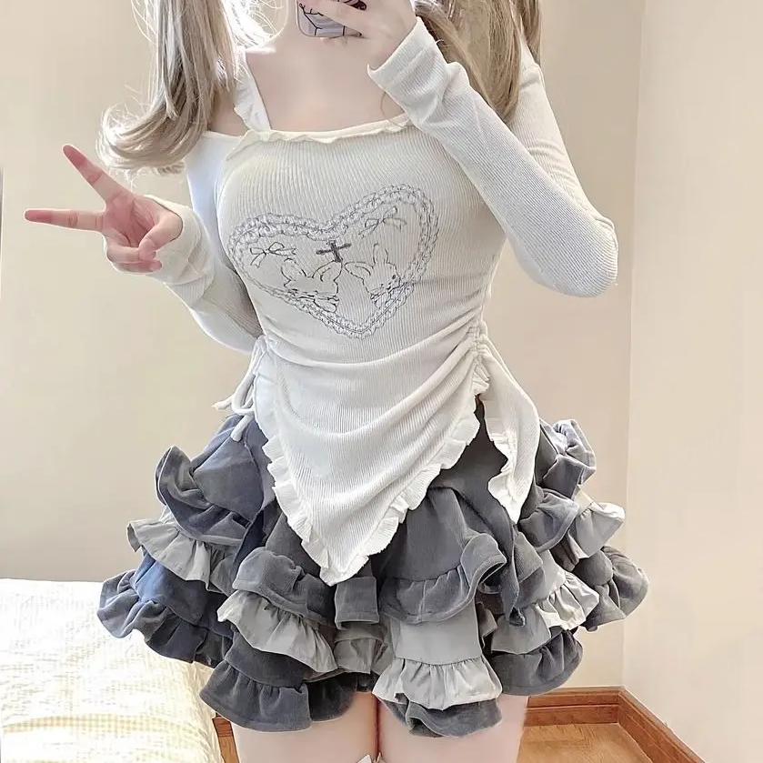 Japanese Harajuku Gray White Bunny Ruffled Skirt Top-Kawaii Dream