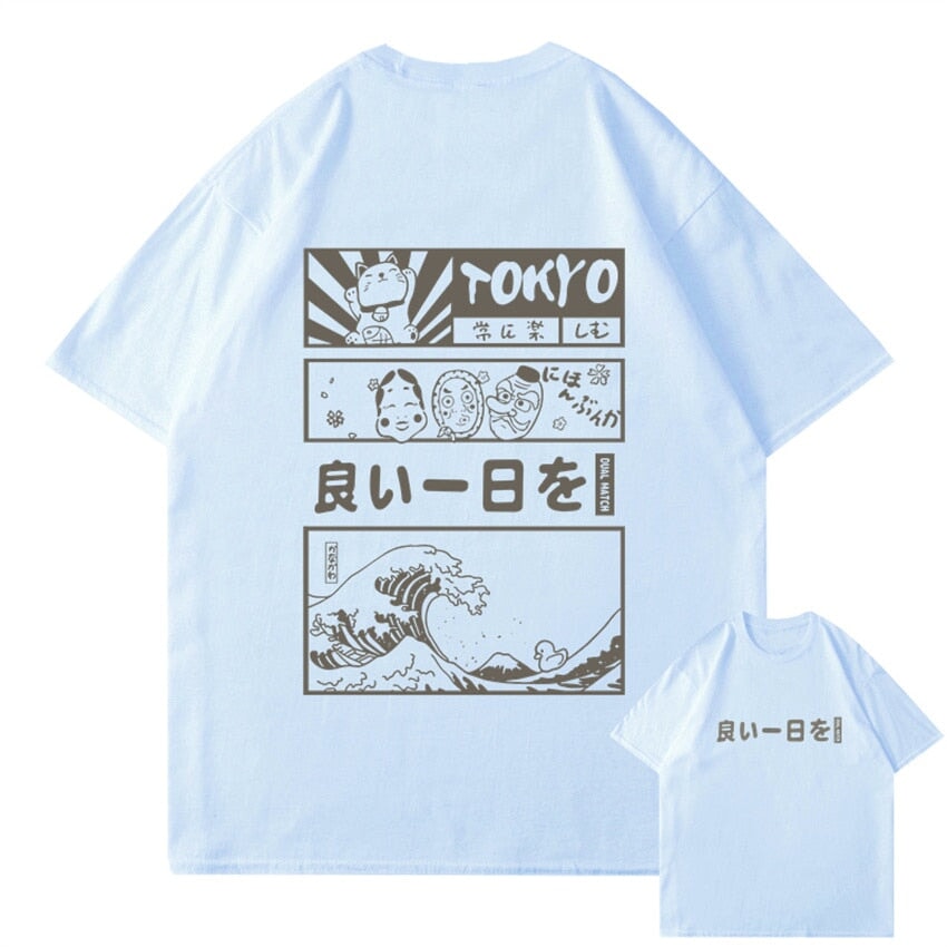 Japanese Kanji Wave Masks Lucky Cat Cotton Tee Set 1-Kawaii Dream
