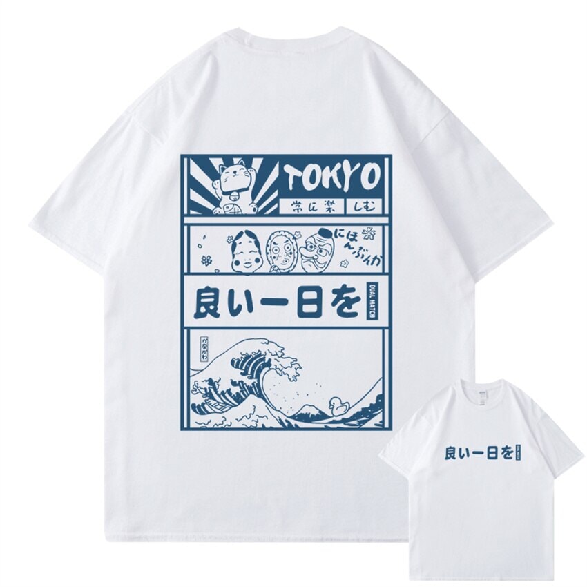 Japanese Kanji Wave Masks Lucky Cat Cotton Tee Set 2-Kawaii Dream