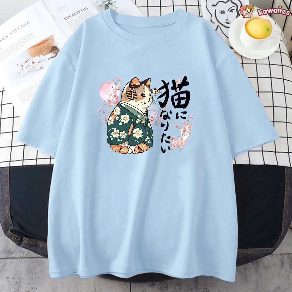 Japanese Kimono Cat Sakura Kanji Unisex Tee-Kawaii Dream