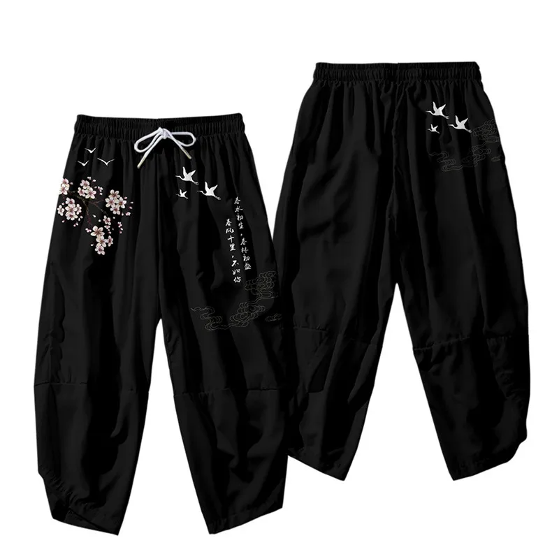 Japanese White Black Sakura Crane Mountains Mens Two-Piece Kimono Yukata Top & Pants Sets-Kawaii Dream
