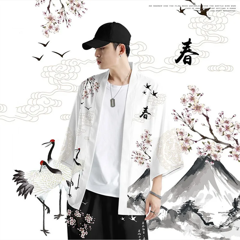 Japanese White Black Sakura Crane Mountains Mens Two-Piece Kimono Yukata Top & Pants Sets-Kawaii Dream