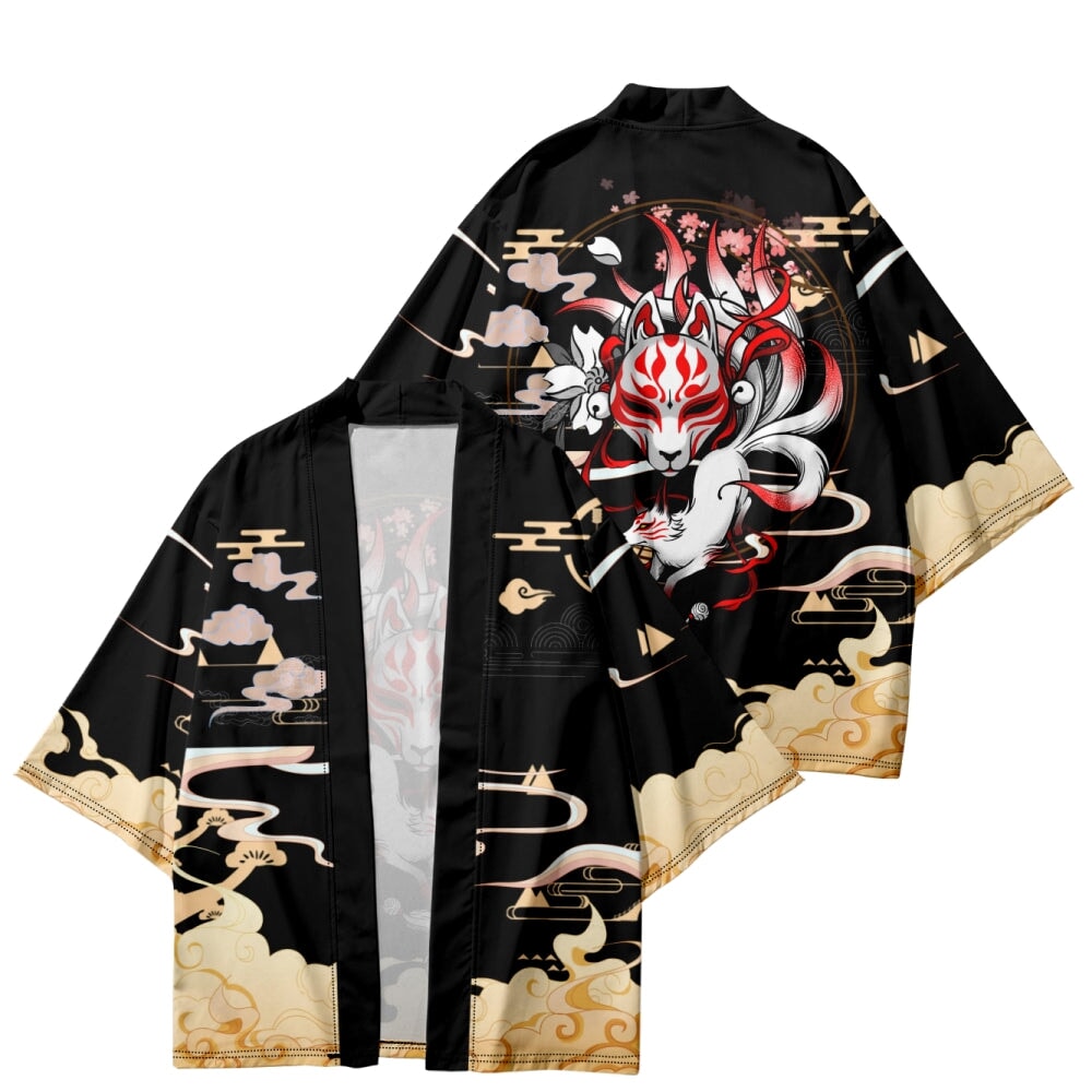 Japanese-themed Black Gold Nine Tailed Fox Unisex Kimono-Kawaii Dream