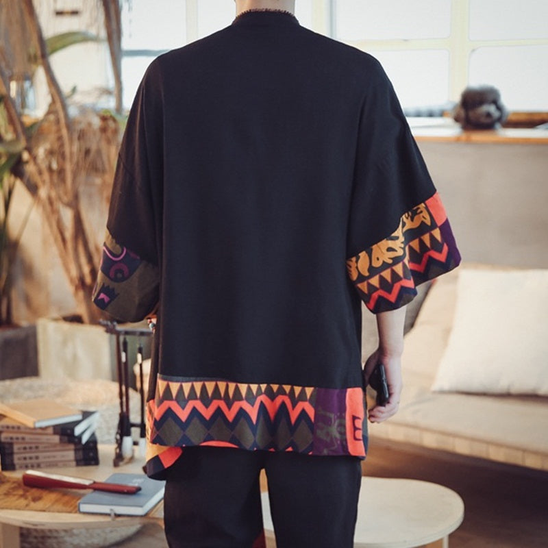Japanese-themed Colorful Zigzag Black Men's Haori Yukata Kimono Jacket-Kawaii Dream