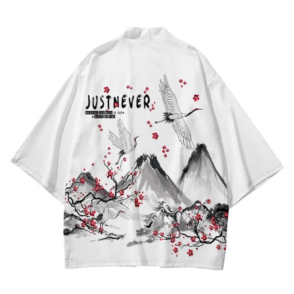 Japanese-themed Crane Mountains Two-Piece Kimono Top & Shorts Sets-Kawaii Dream