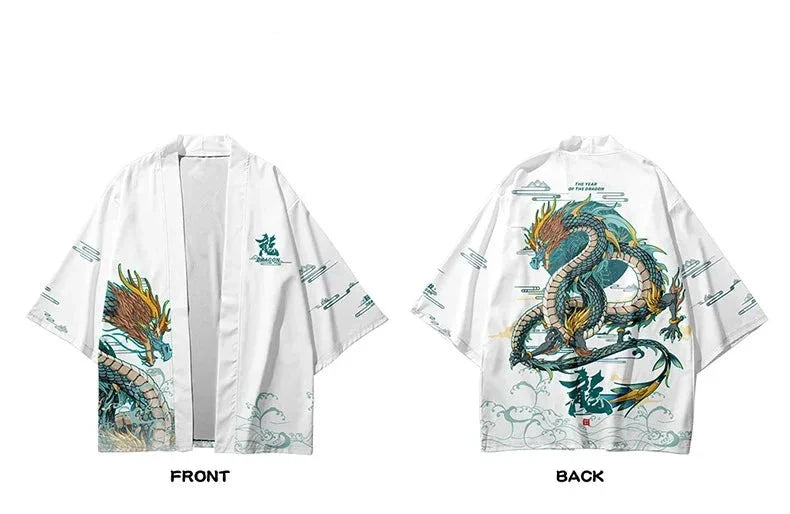 Japanese-themed Emerald Dragon Two-Piece Kimono Yukata Top & Pants Sets-Kawaii Dream