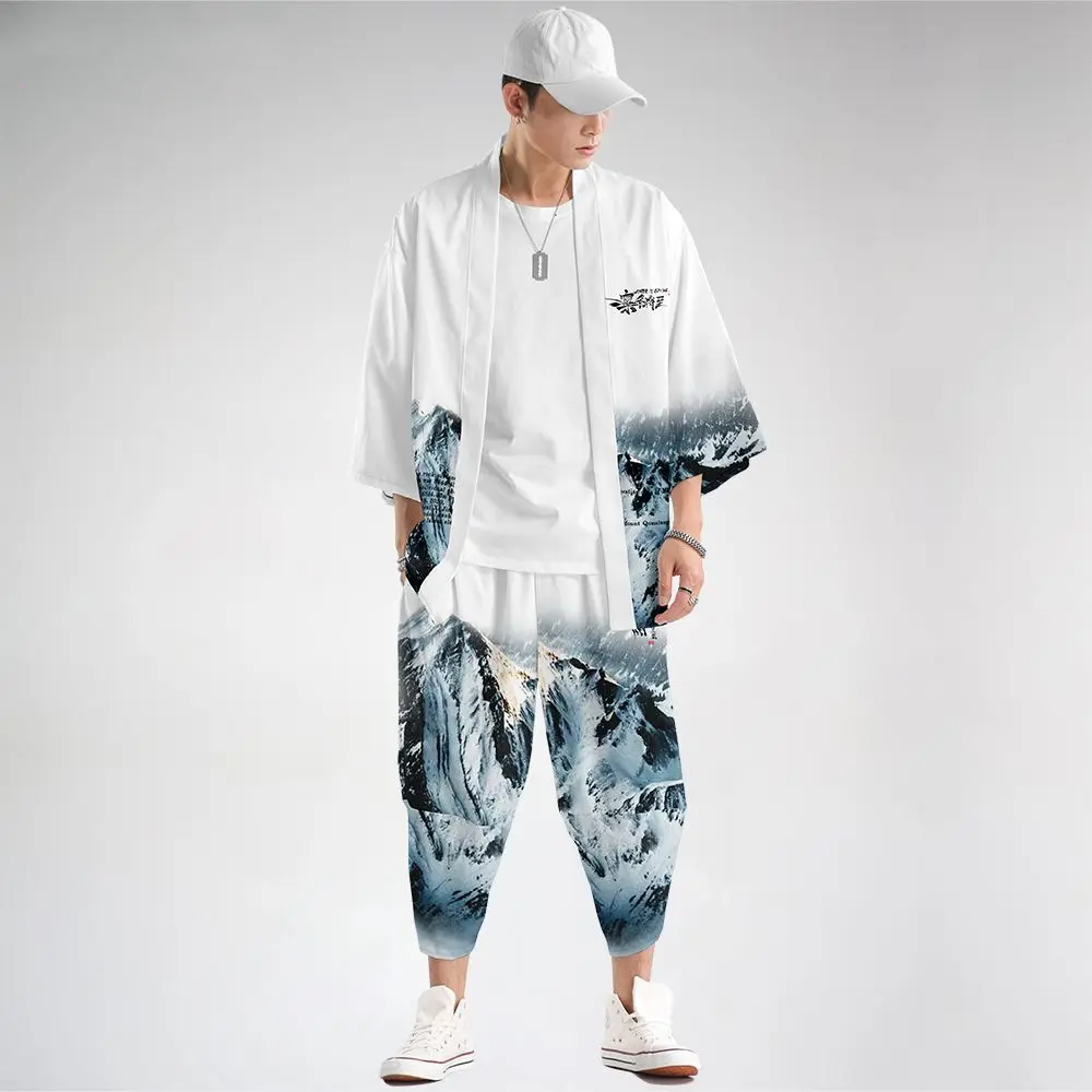 Japanese-themed Glaciar Mountains Two-Piece Kimono Yukata Top & Pants-Kawaii Dream