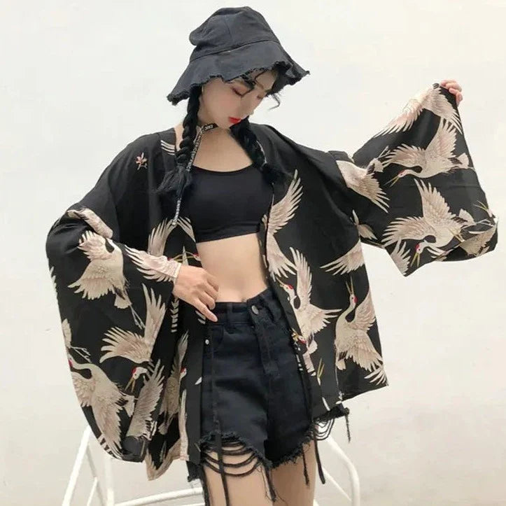 Japanese-themed Majestic Cranes Black Women's Kimono-Kawaii Dream