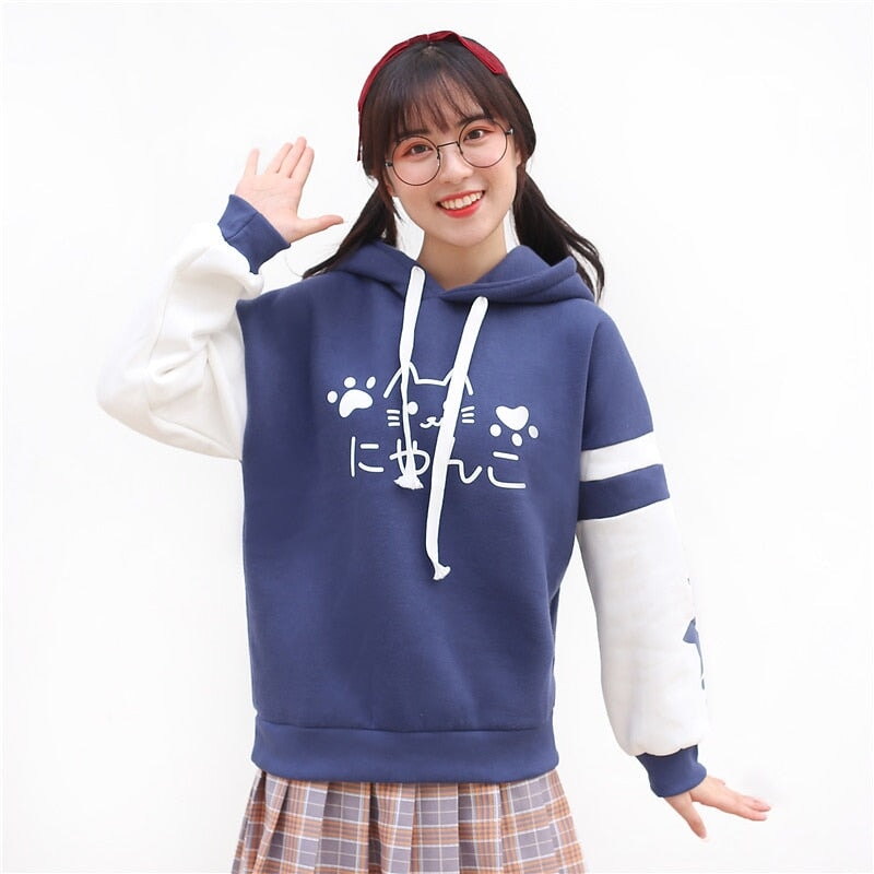 Japanese-themed Pink Blue Two-Tone Cat Hoodie-Kawaii Dream