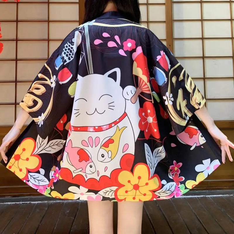 Japanese-themed Red Black Lucky Cat Kimono-Kawaii Dream
