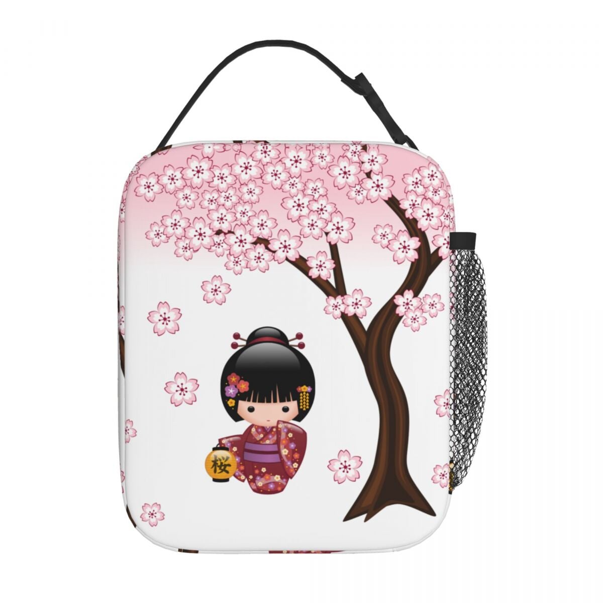 Japanese-themed Sakura Blossom Tree Keiko Kokeshi Doll Square Lunch Bag-Kawaii Dream