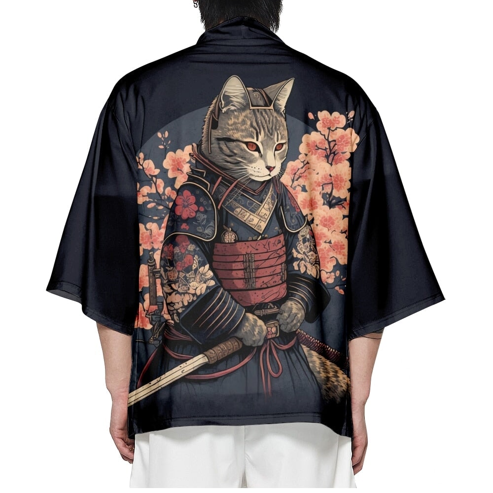 Japanese-themed Sakura Samurai Cat Print Unisex Kimono-Kawaii Dream