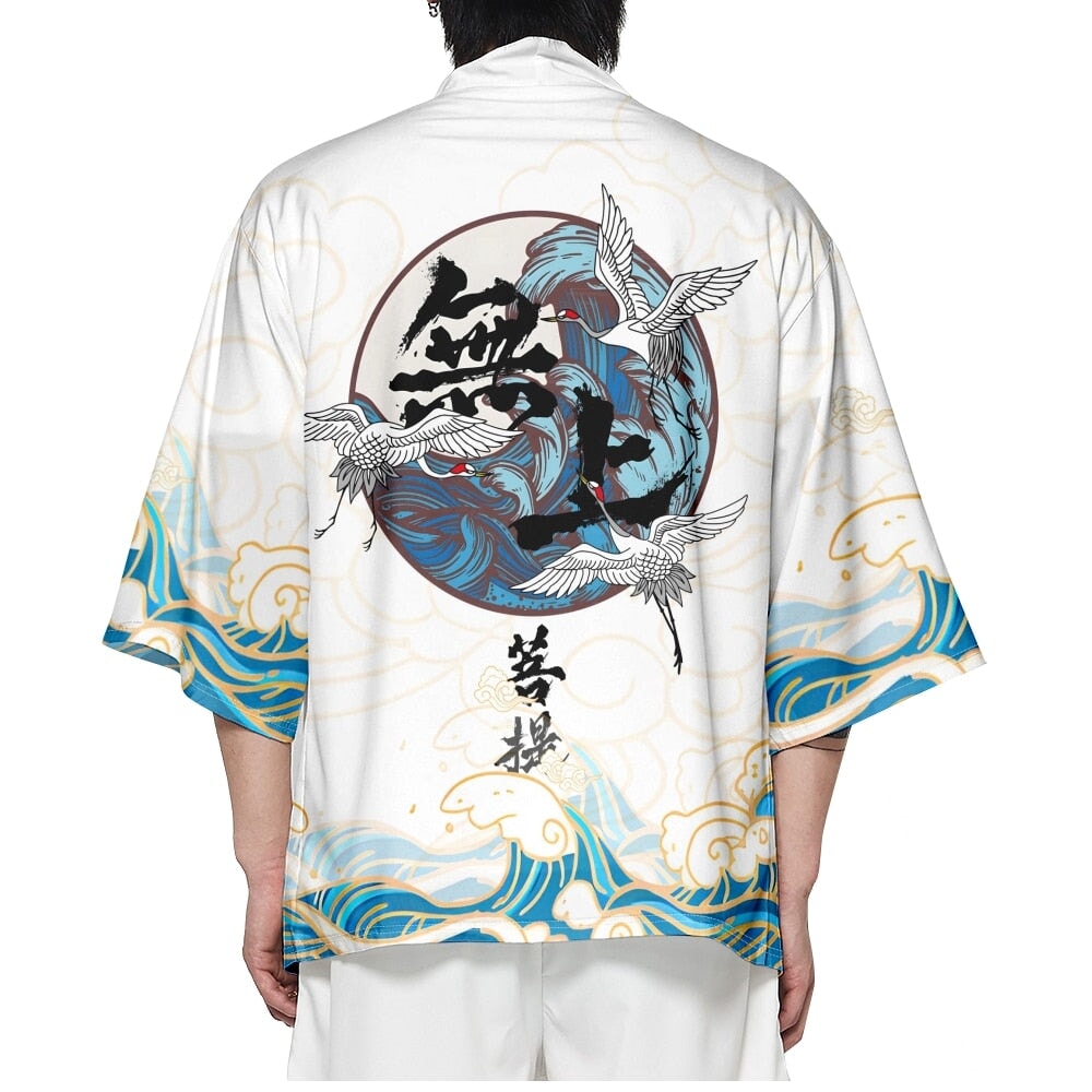 Japanese-themed Three Crane Waves White Unisex Kimono-Kawaii Dream